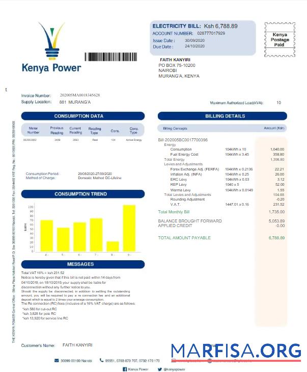 Downloadable KENYA KENYA POWER utility bill Word and PDF template